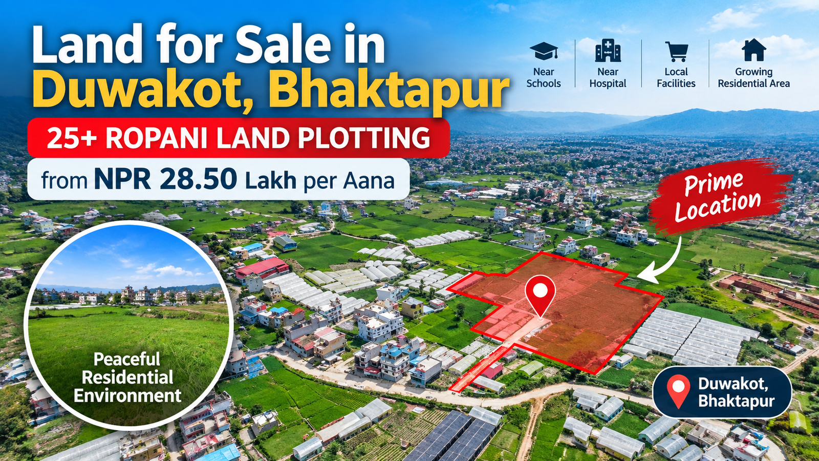 Land for Sale in Duwakot, Bhaktapur – 25+ Ropani from NPR 28.50 Lakh per Aana